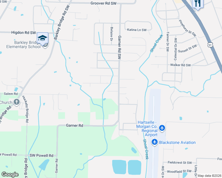 map of restaurants, bars, coffee shops, grocery stores, and more near 530 Green Acres Drive Southwest in Hartselle