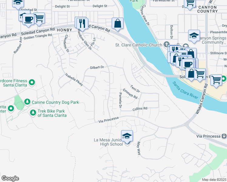 map of restaurants, bars, coffee shops, grocery stores, and more near 19921 Swallow Court in Santa Clarita