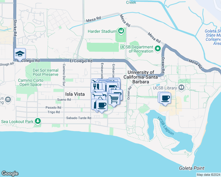 map of restaurants, bars, coffee shops, grocery stores, and more near 6548 Segovia Road in Goleta