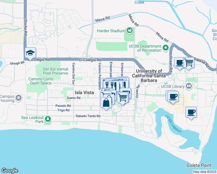 map of restaurants, bars, coffee shops, grocery stores, and more near 833 Embarcadero del Mar in Goleta