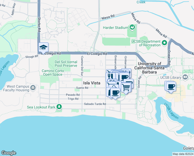 map of restaurants, bars, coffee shops, grocery stores, and more near 6640 Abrego Road in Goleta