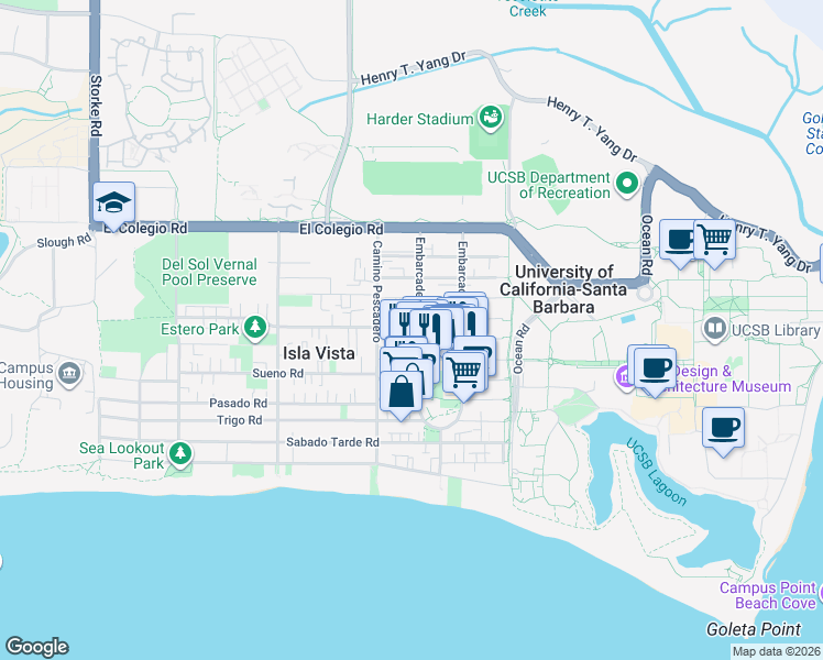 map of restaurants, bars, coffee shops, grocery stores, and more near 833 Embarcadero del Mar in Goleta