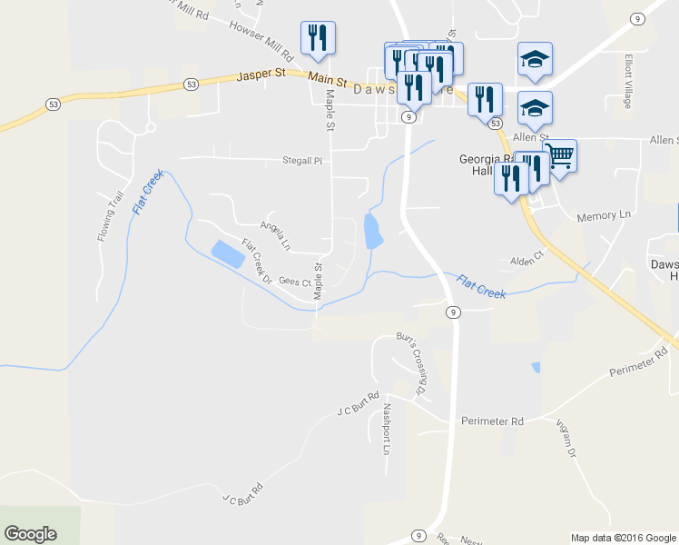 map of restaurants, bars, coffee shops, grocery stores, and more near 15 Pearl Chambers Court in Dawsonville