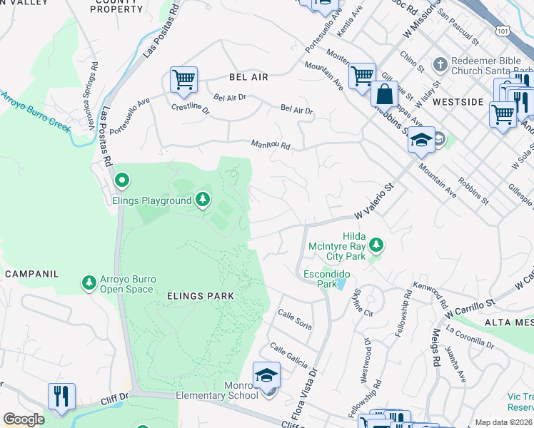 map of restaurants, bars, coffee shops, grocery stores, and more near 1793 Calle Poniente in Santa Barbara