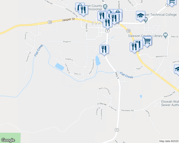 map of restaurants, bars, coffee shops, grocery stores, and more near 11 Pearl Chambers Court in Dawsonville