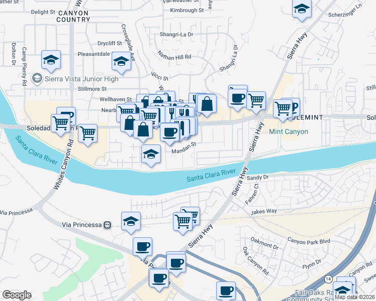 map of restaurants, bars, coffee shops, grocery stores, and more near 18740 Mandan Street in Santa Clarita