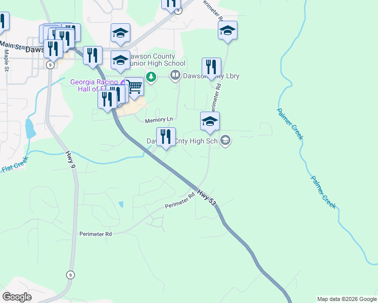 map of restaurants, bars, coffee shops, grocery stores, and more near 52 Michener in Dawsonville