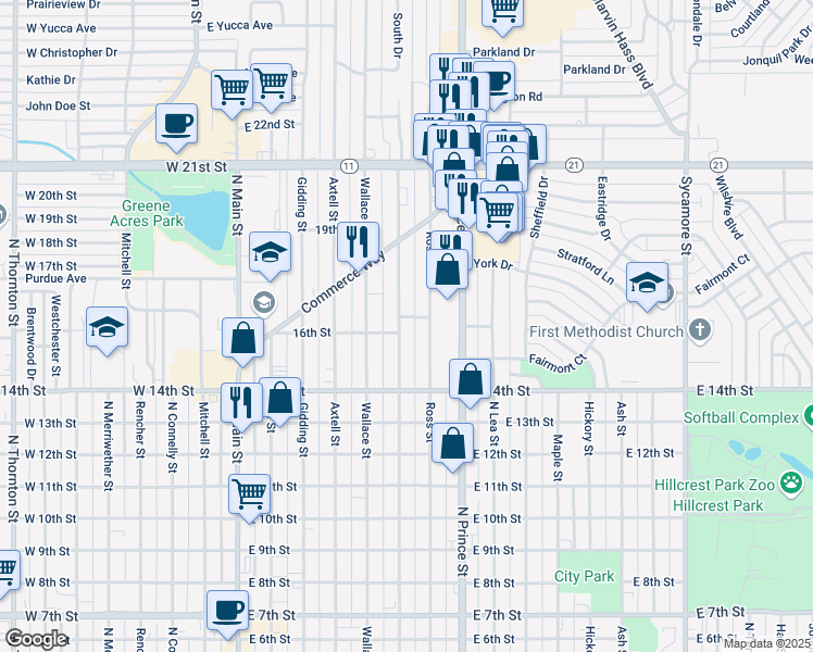 map of restaurants, bars, coffee shops, grocery stores, and more near 1601 Sheldon Street in Clovis