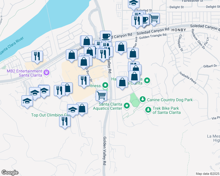 map of restaurants, bars, coffee shops, grocery stores, and more near 26407 Golden Valley Road in Santa Clarita