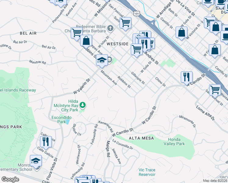 map of restaurants, bars, coffee shops, grocery stores, and more near 1421 Clearview Road in Santa Barbara