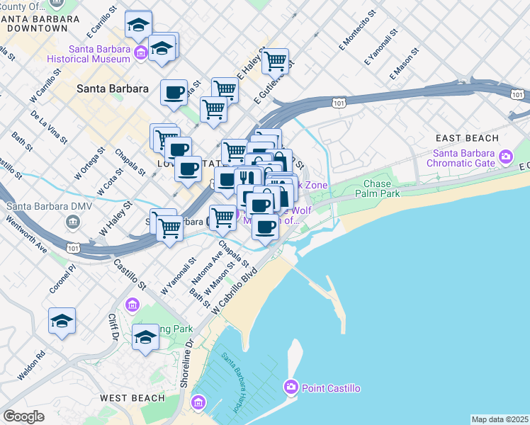 map of restaurants, bars, coffee shops, grocery stores, and more near 110 Anacapa Street in Santa Barbara