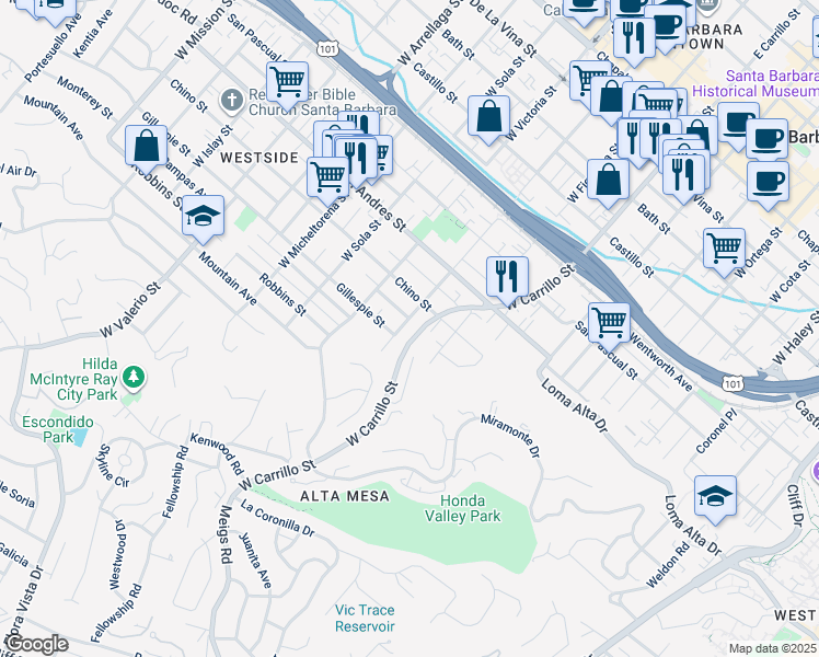 map of restaurants, bars, coffee shops, grocery stores, and more near 1135 Chino Street in Santa Barbara