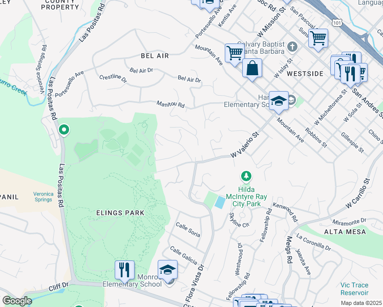 map of restaurants, bars, coffee shops, grocery stores, and more near 1732 Calle Poniente in Santa Barbara