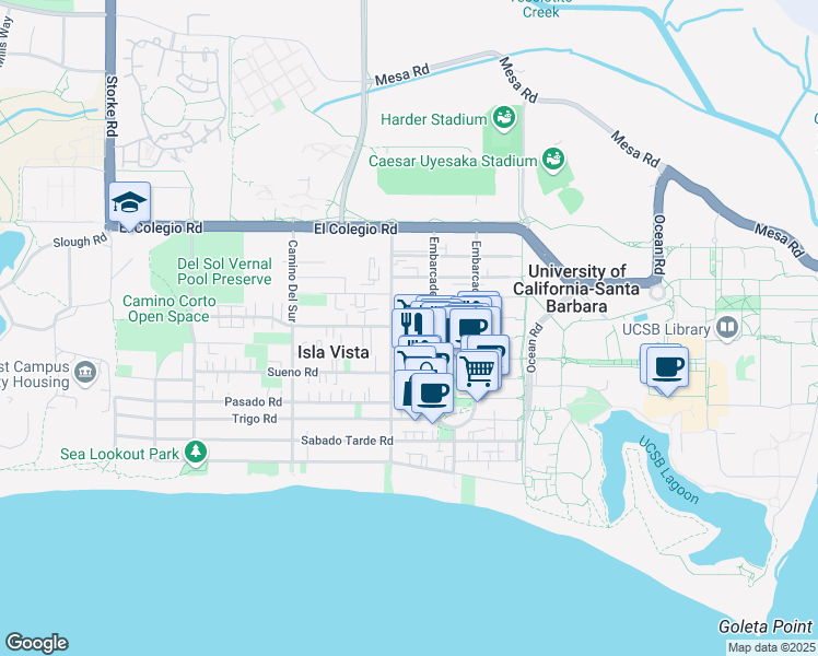 map of restaurants, bars, coffee shops, grocery stores, and more near 833 Embarcadero del Mar in Goleta