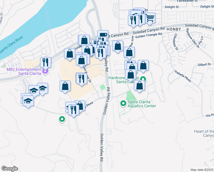 map of restaurants, bars, coffee shops, grocery stores, and more near 26407 Golden Valley Road in Santa Clarita