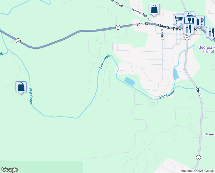 map of restaurants, bars, coffee shops, grocery stores, and more near 91 West Hightower Drive in Dawsonville
