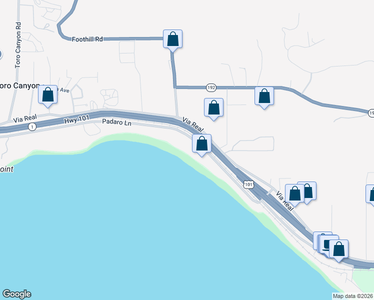 map of restaurants, bars, coffee shops, grocery stores, and more near 3443 Padaro Lane in Carpinteria
