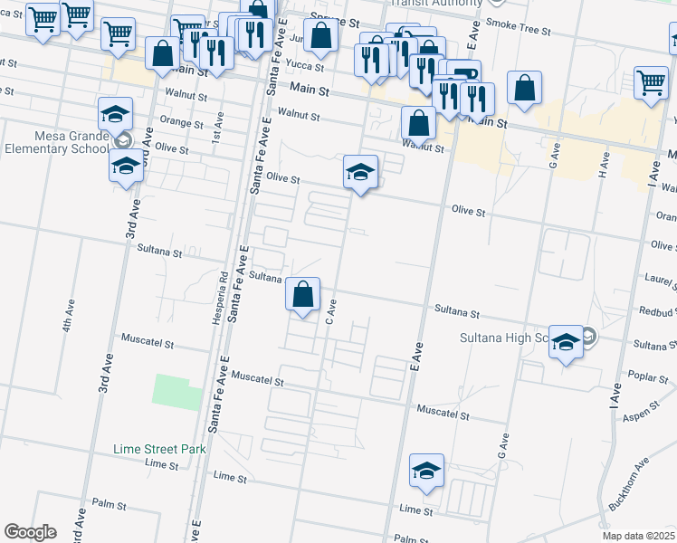 map of restaurants, bars, coffee shops, grocery stores, and more near C Avenue in Hesperia
