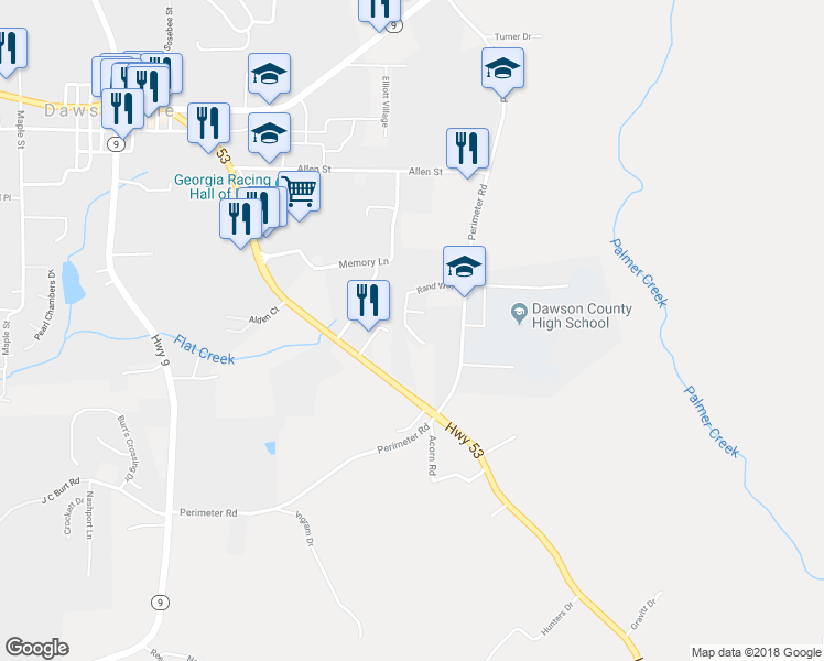 map of restaurants, bars, coffee shops, grocery stores, and more near 83 Sandburg in Dawsonville