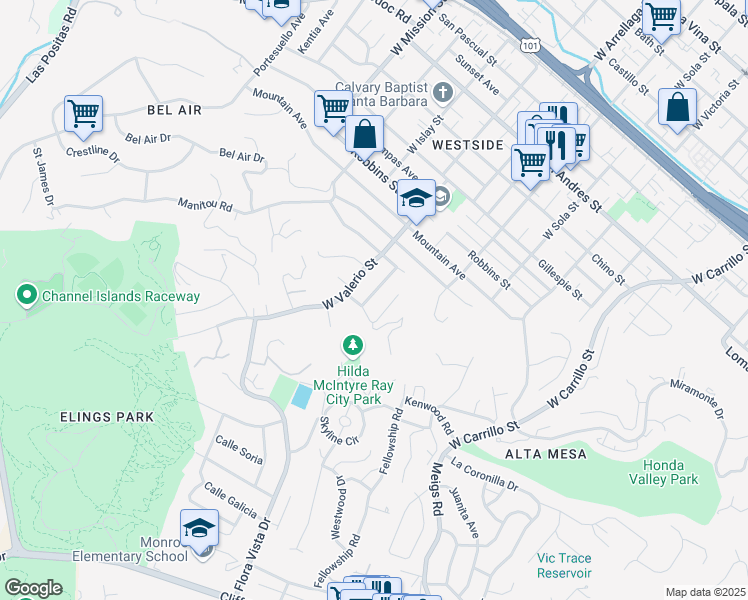map of restaurants, bars, coffee shops, grocery stores, and more near 1219 Calle Del Sol in Santa Barbara