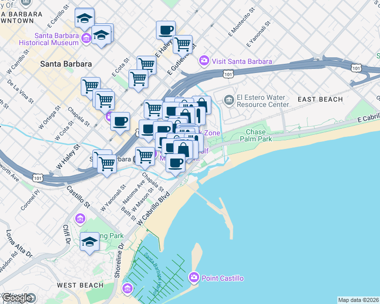 map of restaurants, bars, coffee shops, grocery stores, and more near 15 Santa Barbara Street in Santa Barbara