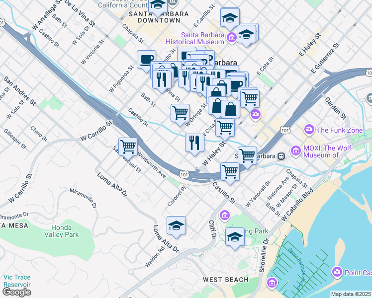 map of restaurants, bars, coffee shops, grocery stores, and more near 322 West Cota Street in Santa Barbara