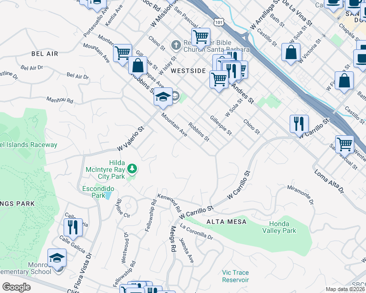 map of restaurants, bars, coffee shops, grocery stores, and more near 1421 Clearview Road in Santa Barbara