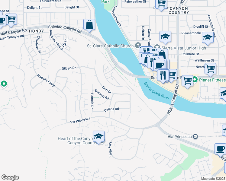 map of restaurants, bars, coffee shops, grocery stores, and more near 19825 Terri Drive in Santa Clarita