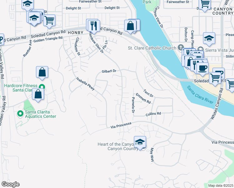 map of restaurants, bars, coffee shops, grocery stores, and more near 20010 Vireo Court in Santa Clarita