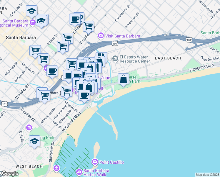 map of restaurants, bars, coffee shops, grocery stores, and more near 236 East Cabrillo Boulevard in Santa Barbara