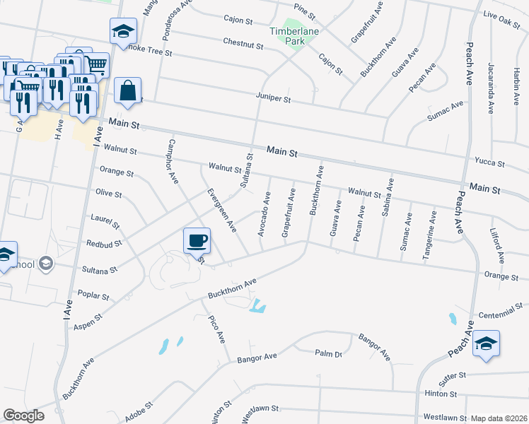 map of restaurants, bars, coffee shops, grocery stores, and more near Avocado Avenue in Hesperia