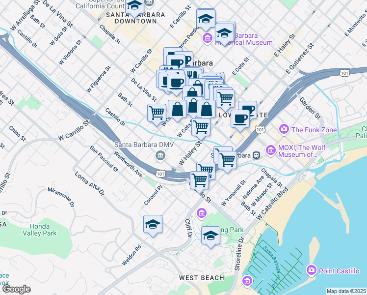 map of restaurants, bars, coffee shops, grocery stores, and more near 512 Bath Street in Santa Barbara