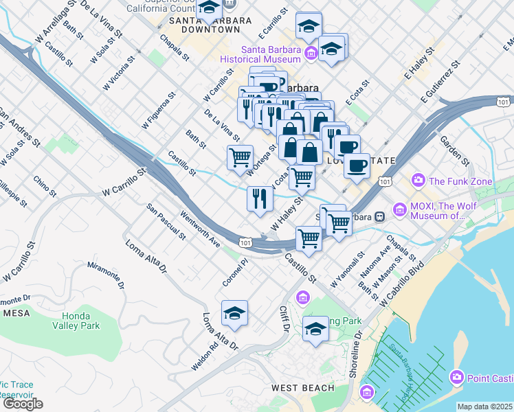 map of restaurants, bars, coffee shops, grocery stores, and more near 532 Bath Street in Santa Barbara