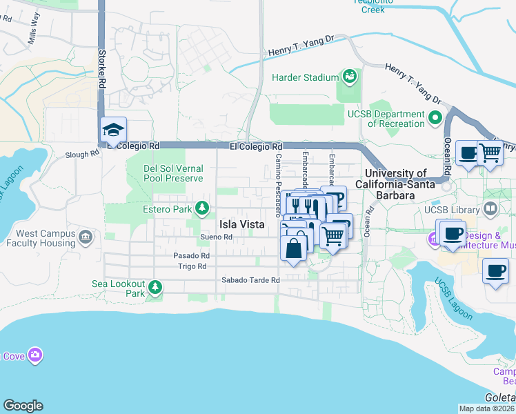 map of restaurants, bars, coffee shops, grocery stores, and more near 6640 Abrego Road in Goleta