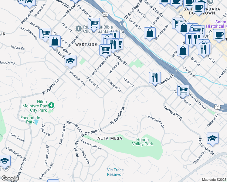 map of restaurants, bars, coffee shops, grocery stores, and more near 913 West Victoria Street in Santa Barbara