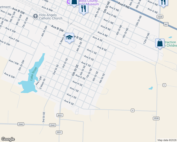 map of restaurants, bars, coffee shops, grocery stores, and more near 7th Street Southeast in Childress