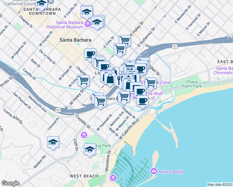 map of restaurants, bars, coffee shops, grocery stores, and more near 221 State Street in Santa Barbara