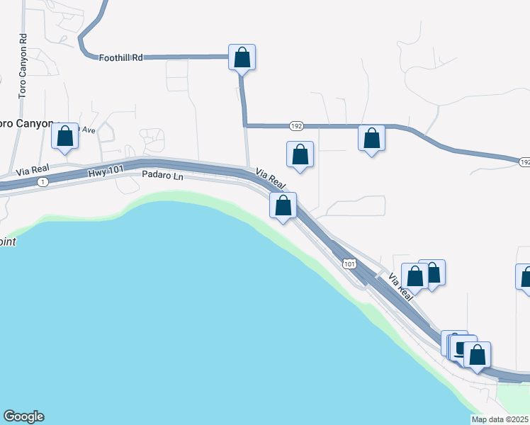 map of restaurants, bars, coffee shops, grocery stores, and more near 3443 Padaro Lane in Carpinteria