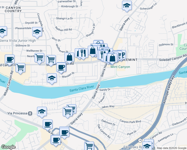 map of restaurants, bars, coffee shops, grocery stores, and more near 18540 Soledad Canyon Road in Santa Clarita