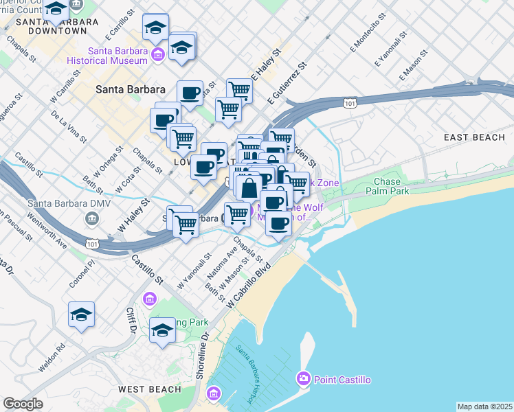 map of restaurants, bars, coffee shops, grocery stores, and more near 10 East Yanonali Street in Santa Barbara