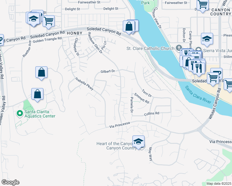 map of restaurants, bars, coffee shops, grocery stores, and more near 20019 Nutcracker Place in Santa Clarita