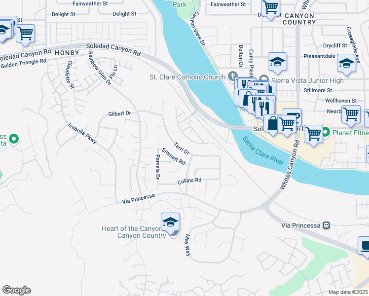map of restaurants, bars, coffee shops, grocery stores, and more near 19825 Terri Drive in Santa Clarita