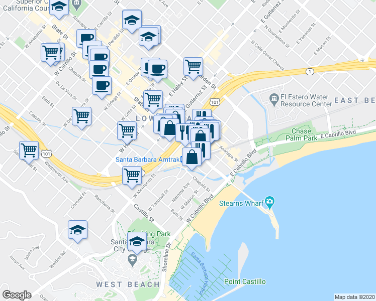 map of restaurants, bars, coffee shops, grocery stores, and more near 221 State Street in Santa Barbara