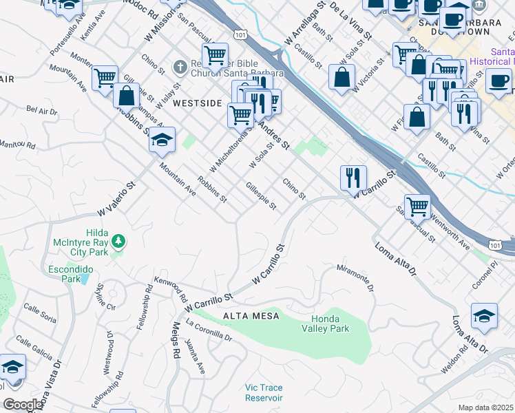 map of restaurants, bars, coffee shops, grocery stores, and more near 913 West Victoria Street in Santa Barbara