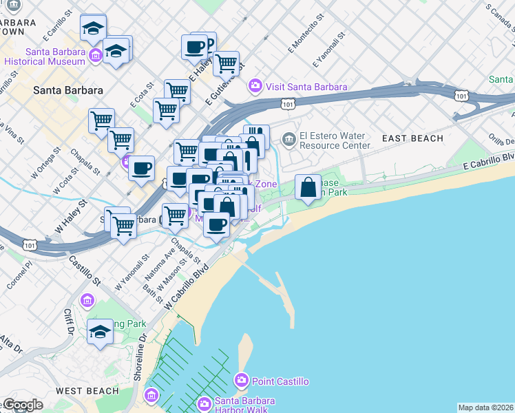 map of restaurants, bars, coffee shops, grocery stores, and more near 236 East Cabrillo Boulevard in Santa Barbara