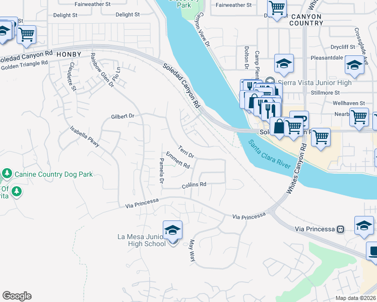 map of restaurants, bars, coffee shops, grocery stores, and more near 19825 Terri Drive in Santa Clarita