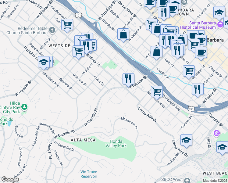 map of restaurants, bars, coffee shops, grocery stores, and more near 1110 Chino Street in Santa Barbara