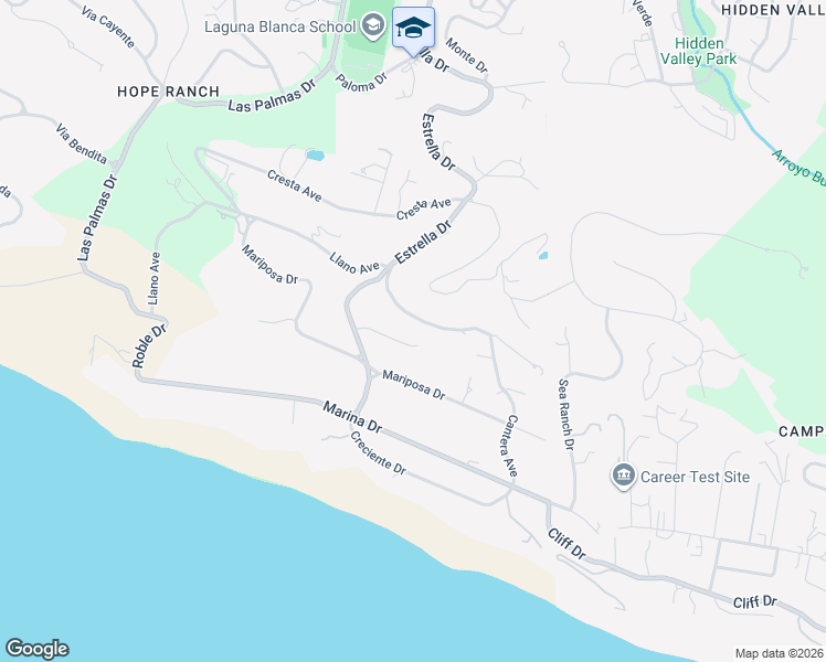 map of restaurants, bars, coffee shops, grocery stores, and more near 4160 La Ladera Road in Santa Barbara
