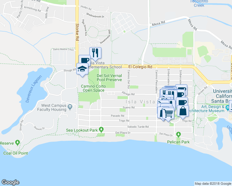 map of restaurants, bars, coffee shops, grocery stores, and more near 6764 Abrego Road in Goleta