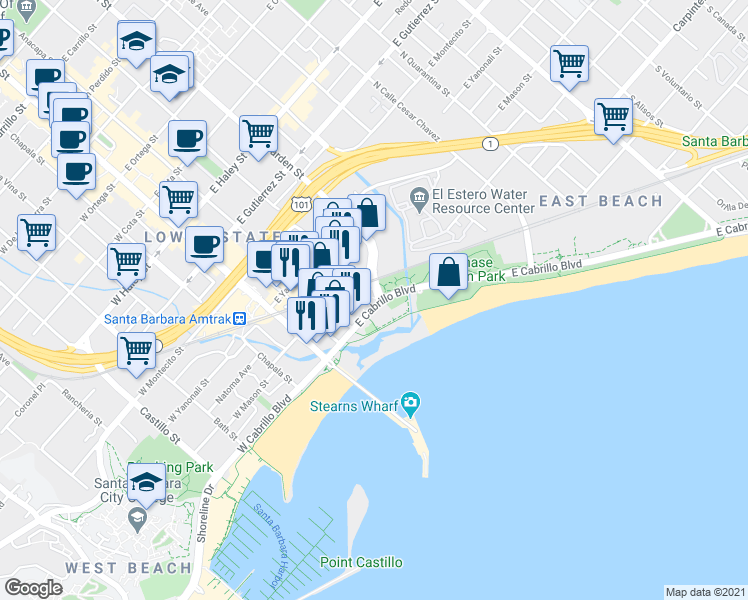 map of restaurants, bars, coffee shops, grocery stores, and more near 1 Garden Street in Santa Barbara